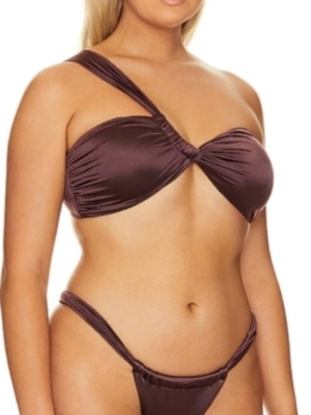 Good American One-Shoulder Cocoa Brown Satin Women’s Swim Bikini Set